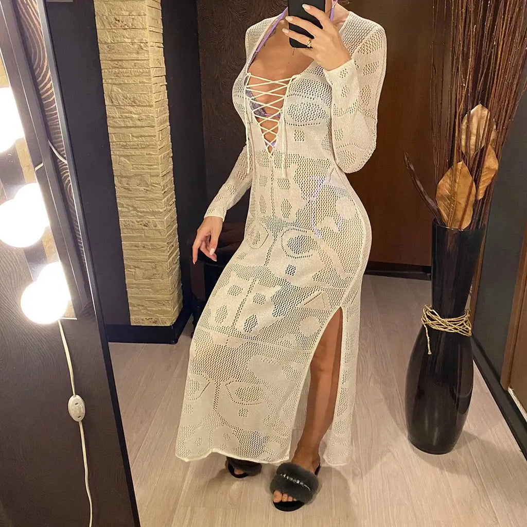 Deep V Dress Lace Up Long Sleeve Women Split Maxi Dress Crochet Knitted Tunic Mesh Sheer Sexy Bodycon Long Dress Vestido V4146B
