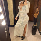 Deep V Dress Lace Up Long Sleeve Women Split Maxi Dress Crochet Knitted Tunic Mesh Sheer Sexy Bodycon Long Dress Vestido V4146B