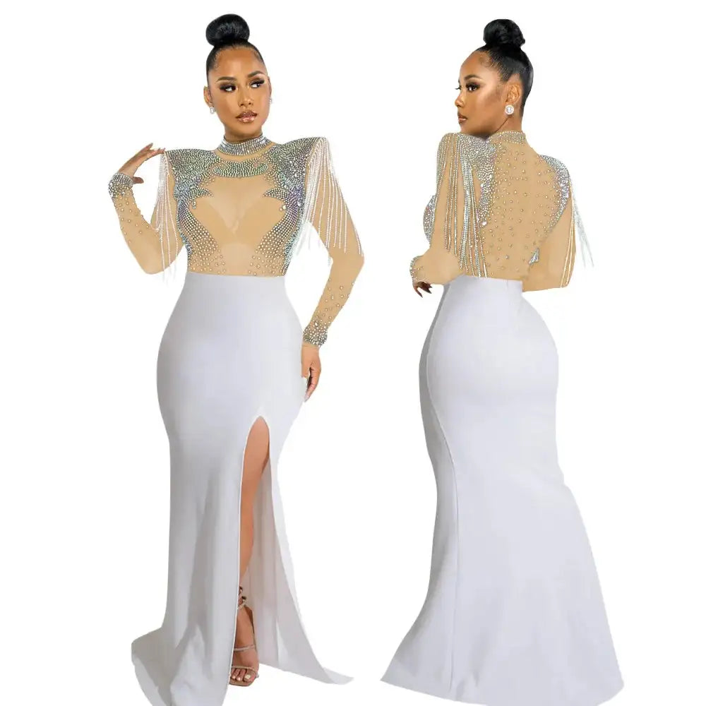 CM.YAYA Women Mesh See Through Long Sleeve Diamonds Hot Rhinestones Mermaid Long Dress Fall Evening Sexy Party Dresses Vestidos