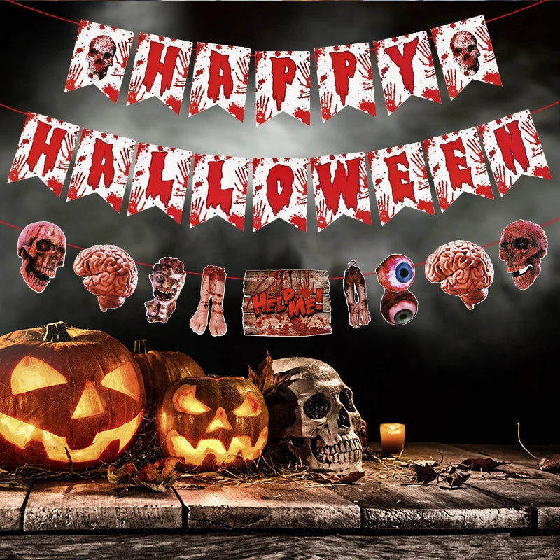 Halloween Blood Banner Paper Garland Scary Eyeball Skull Spiral Hanging Flag Halloween Party Decoration Home Haunted House Decor Lootquake LLC
