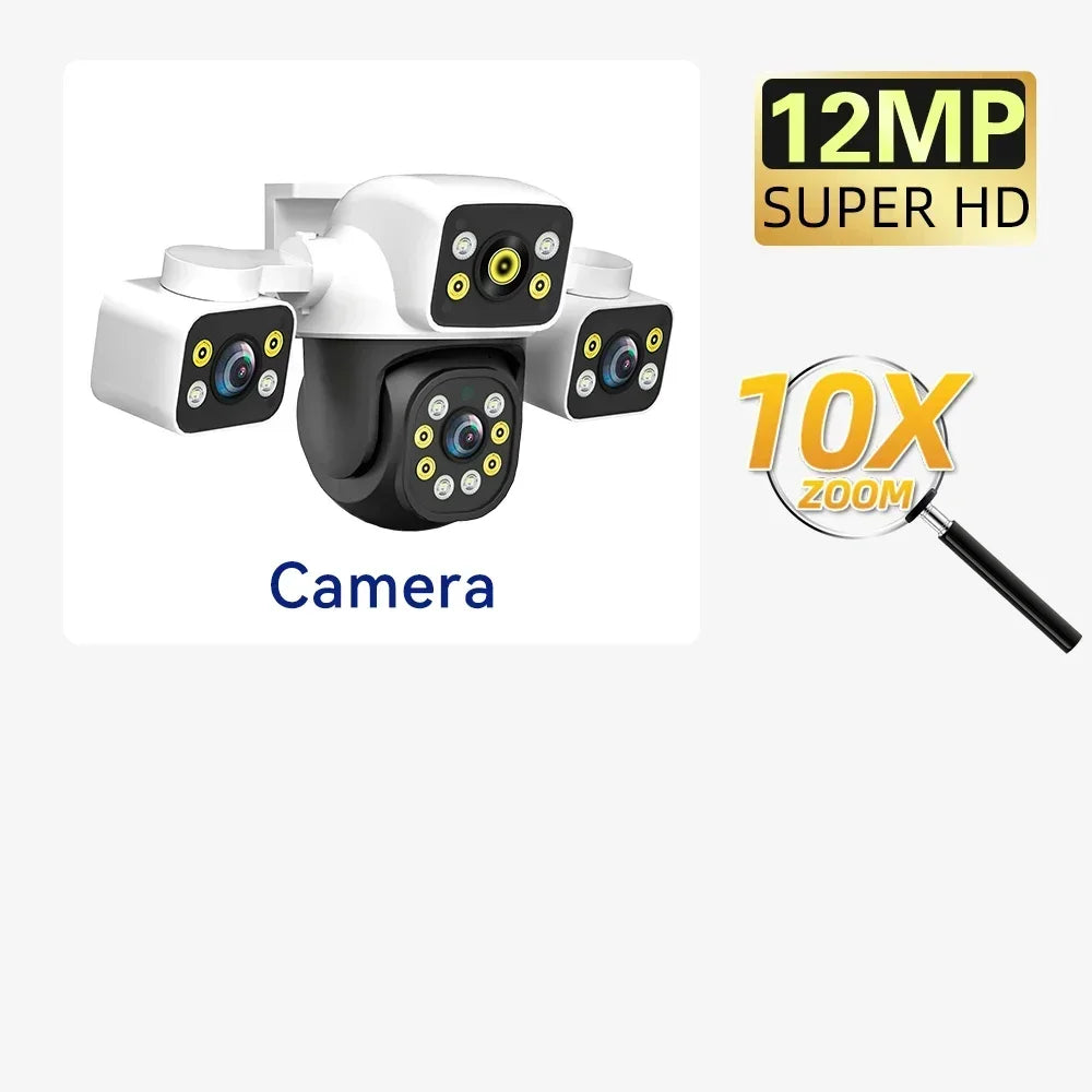 6K 12MP Outdoor WiFi Camera Three Screen Three Lens 10X Zoom PTZ Automatic Tracking Audible Visual Alarm Security Camera Lootquake LLC