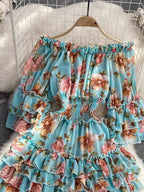 Summer New Off Shoulder  Wrap Waist to Show Thin A-line Fragmented Cake Dress Women's Beach Vacation Chiffon Long Dress GD820