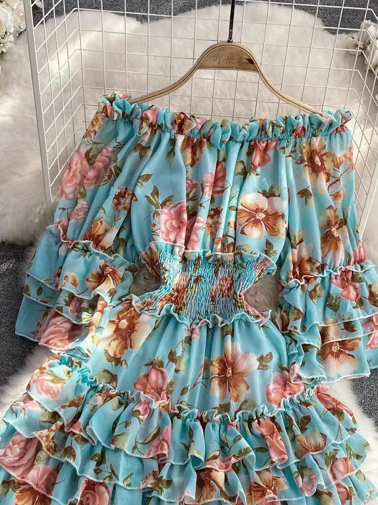 Summer New Off Shoulder  Wrap Waist to Show Thin A-line Fragmented Cake Dress Women's Beach Vacation Chiffon Long Dress GD820