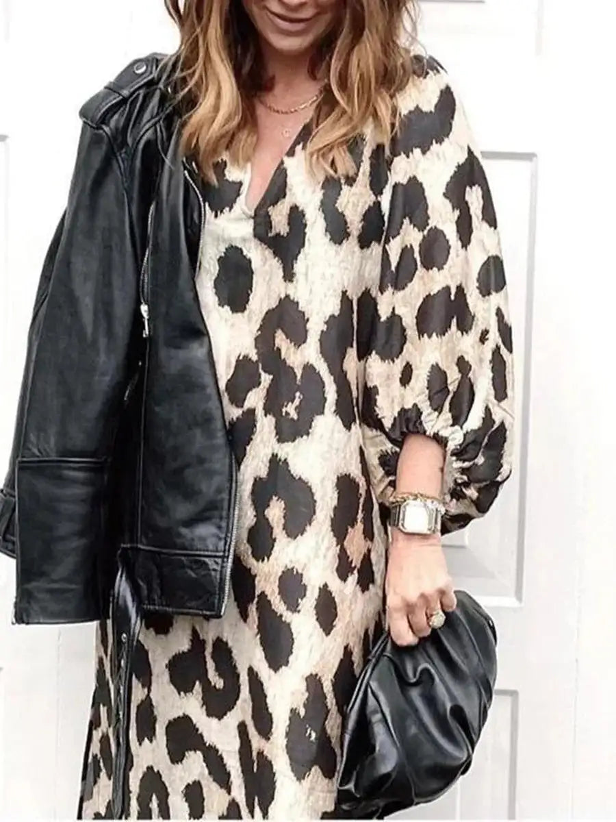 Autumn Women's Long Leopard Print Dress New Long V-neck Loose Lantern Sleeve Leopard Print Dress Long Dress