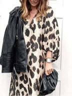Autumn Women's Long Leopard Print Dress New Long V-neck Loose Lantern Sleeve Leopard Print Dress Long Dress