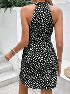 Women's Summer Fashion Hanging Neck Zipper Sleeveless Floral Pleated Short Dress Sexy Off Shoulder Lace-Up Mini Dress Vestidos