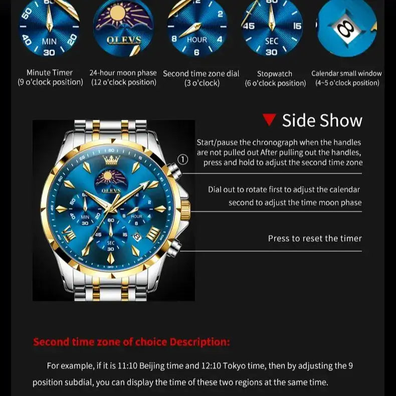 OLEVS 3653 Men Watch Luxury Brand Quartz Watch Multi functional Automatic Date Timer Watch Waterproof Luminous Moonphase Watch