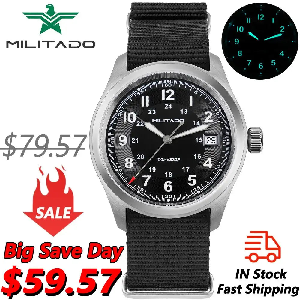 Militado ML08 Quartz Watch Ronda 515 Movement Domed Sapphire Wristwatch BGW9 Luminous 10Bar Waterproof 38mm Vintage Watches