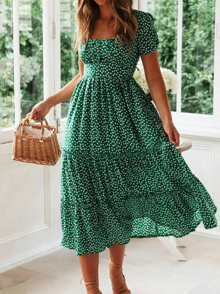 Vestidos Vintage Vintage Print Puff Sleeve summer Beach sweet dresses Casual Square collar floral maxi long dress 2024 festa