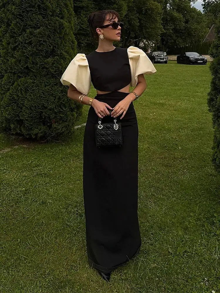 Elegant Puff Sleeve Long Dress For Women 2025 Sexy Hollow Out Waist Evening Party Dresses Female Vacation Lady Chic Beach Robe