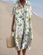 Casual Short Sleeved V-neck Big Swing Dress 2024 New Women's Loose Printed Long Dress Female Retro Flower Print Pullover Dresses