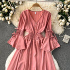 Purple/Green/Red Pleated Maxi Long Dress Women Vintage V-Neck Flare Sleeve Draped Ruffle Vestido Female Maxi Robe Summer Lootquake LLC