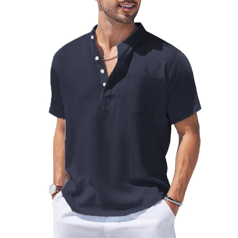 New Mens Henley Short Sleeve Casual Shirt Summer Cotton Shirts Beach Shirts Banded Collar Tshirts lightweight Shirts with Pocket Lootquake LLC