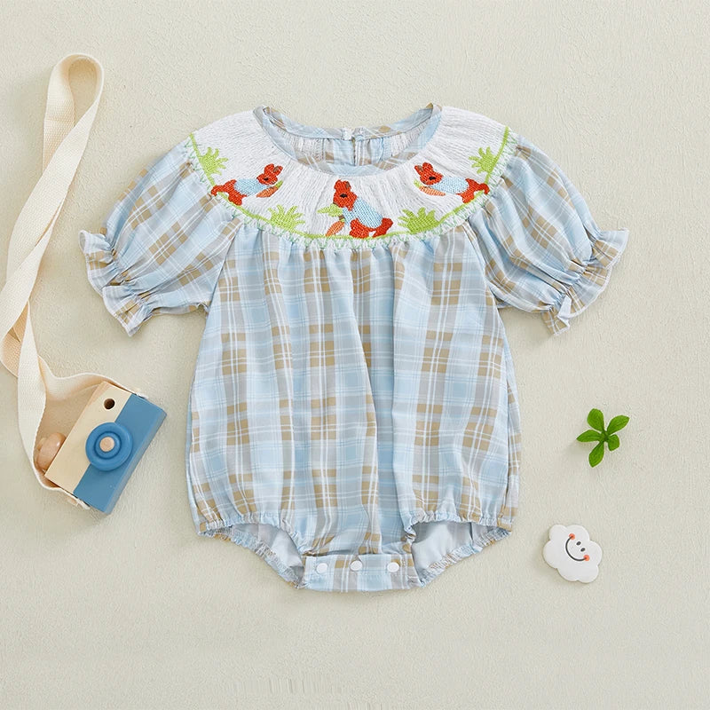 Adorable Infant Easter Jumpsuit with Sweet Bunny Embroidery and Smocked Detailing - Stylish Short Sleeve Baby Girl Outfit for Lootquake LLC