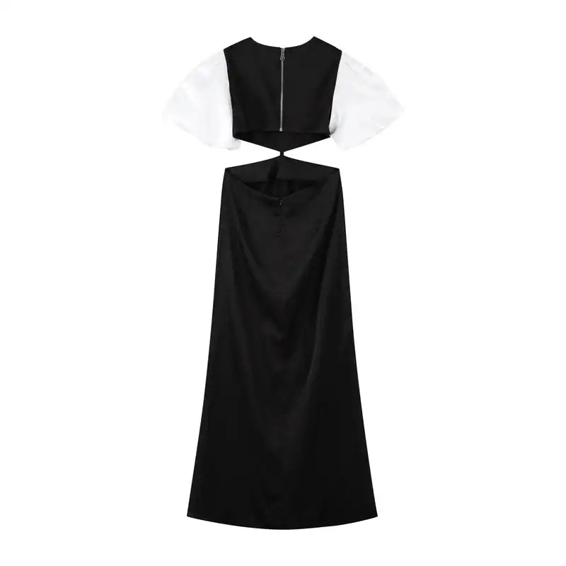 Elegant Puff Sleeve Long Dress For Women 2025 Sexy Hollow Out Waist Evening Party Dresses Female Vacation Lady Chic Beach Robe