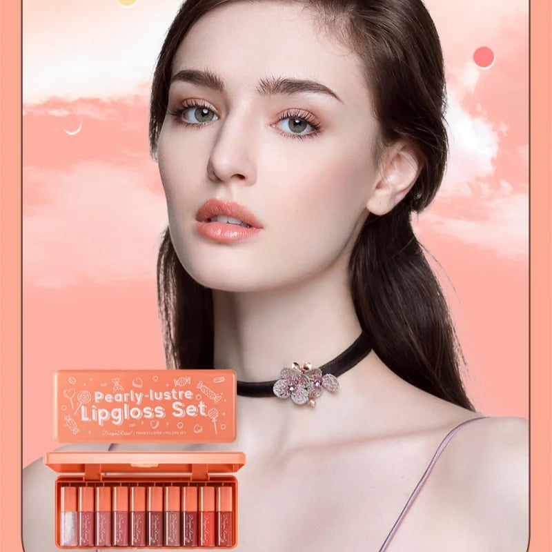 Pearlescent Liquid Lipstick Set 10pcs Waterproof Long Wearing Lip Gloss Shiny Moisturizing Non Fade Mini Lip Glaze makeup
