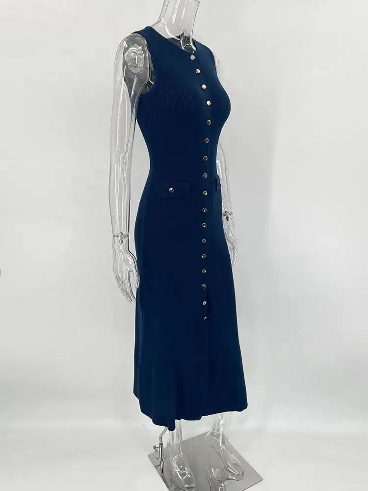 Fashion Knitted Long Dress For Women Elegant Sleeveless Button Maxi Sweater Bodycon Dresses Female Party Fashion Vestidos 2024 N