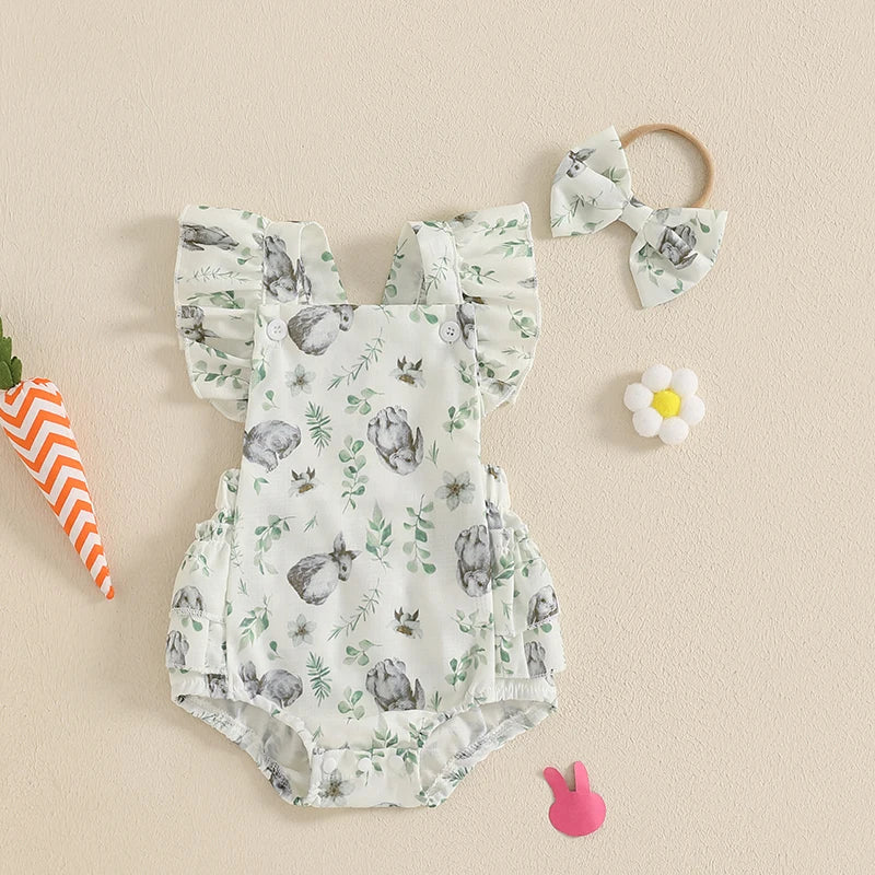 Toddler Girls 3Pcs Spring Outfits Floral Ruffle Sleeveless Romper Shorts Headband Set Baby Clothes Easter Costume Lootquake LLC