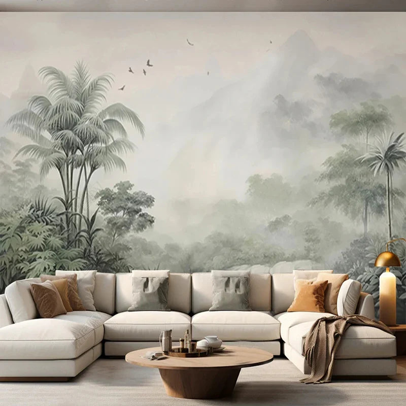Tropical Green Plants Coconut Trees Distant Mountain Birds 3D Mural Wallpaper Restaurant Clubs KTV Bar Modern Personality Murals Lootquake LLC