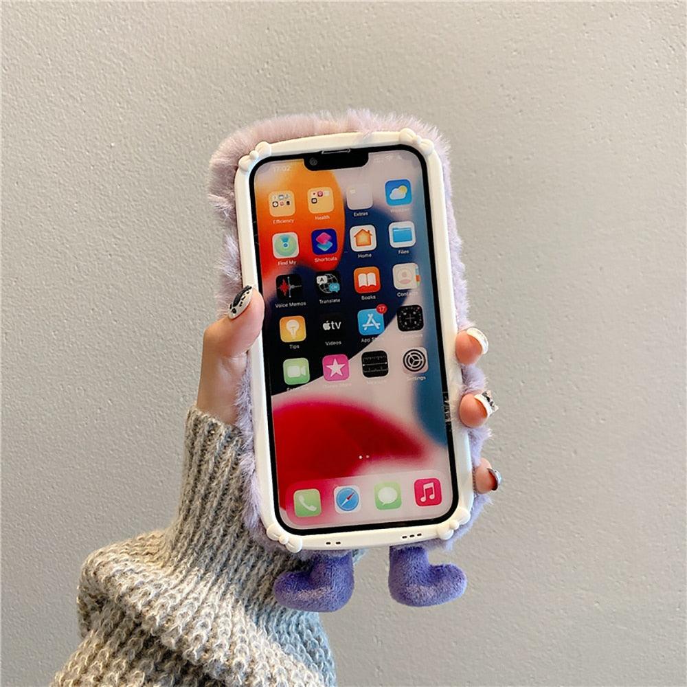 3D Cute Hairy Fluffy Fur Plush Winter Warm Phone Case For iPhone 14 13 12 11 Pro Max Plus Soft Cartoon Back Cover  Cute Fuzzy Furry Case Fashion Luxury Case Stevvex