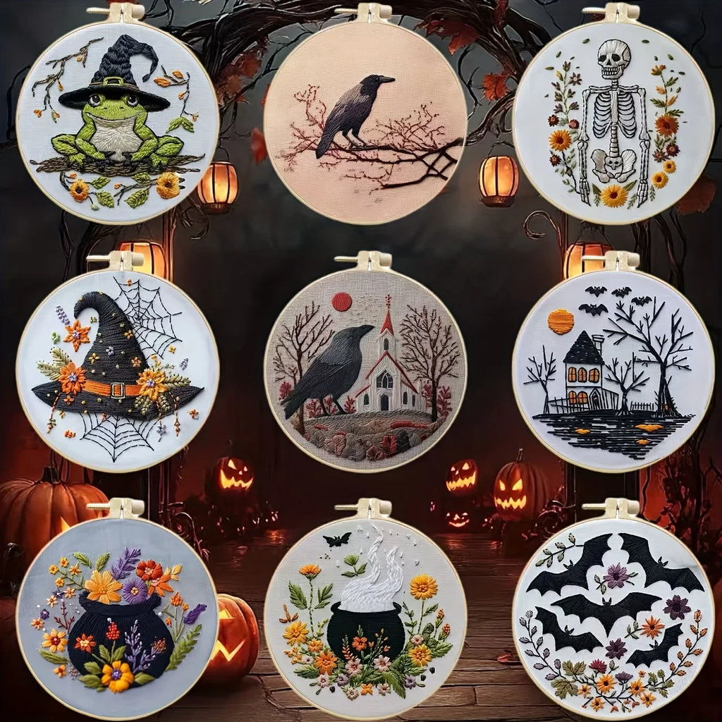 Halloween-themed pattern hand-embroidery DIY set material package, the set includes needles, threads, embroidery strips, and an Lootquake LLC