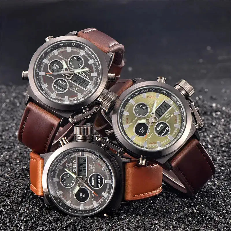 1pc / lot Men Genuine XINEW Brand Designer Watches Students Fashion Leather Band Alarm Stopwatch Electronic Watch Montre Homme