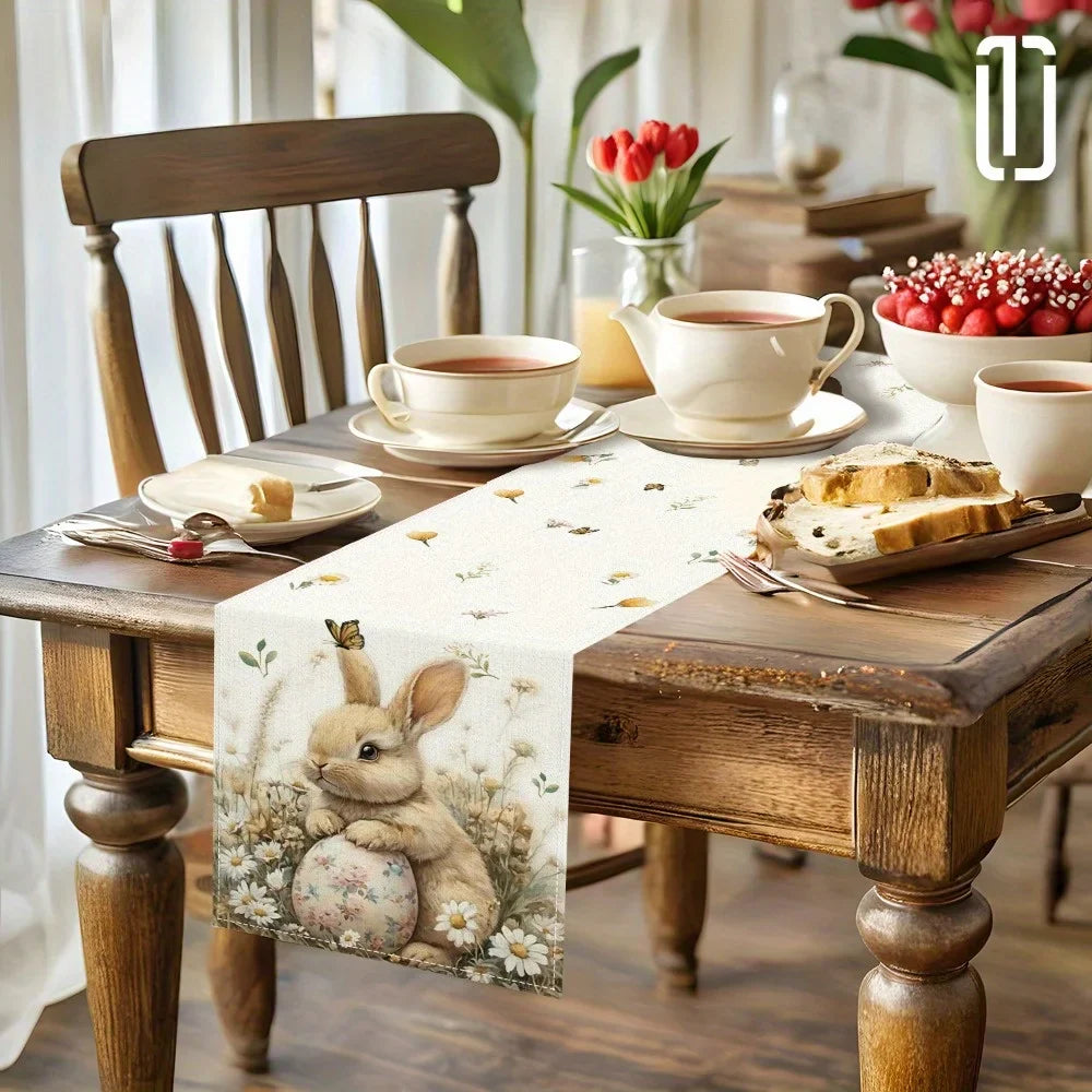 1pc Easter Bunny and Floral Egg Table Runner for Spring Holiday Home Decor, Easter Celebration Tablecloth Gift Idea Lootquake LLC