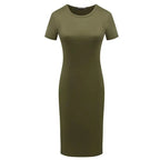 652F Women Summer Short Sleeve Plain Slim Fitted Knee Length Package Hip Long Dress