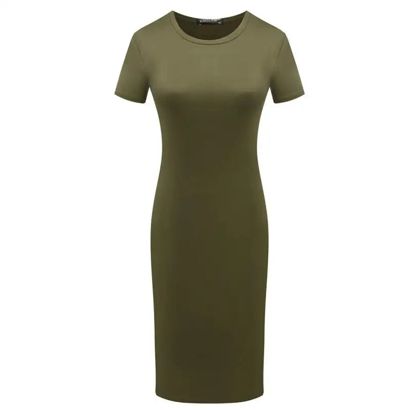 652F Women Summer Short Sleeve Plain Slim Fitted Knee Length Package Hip Long Dress