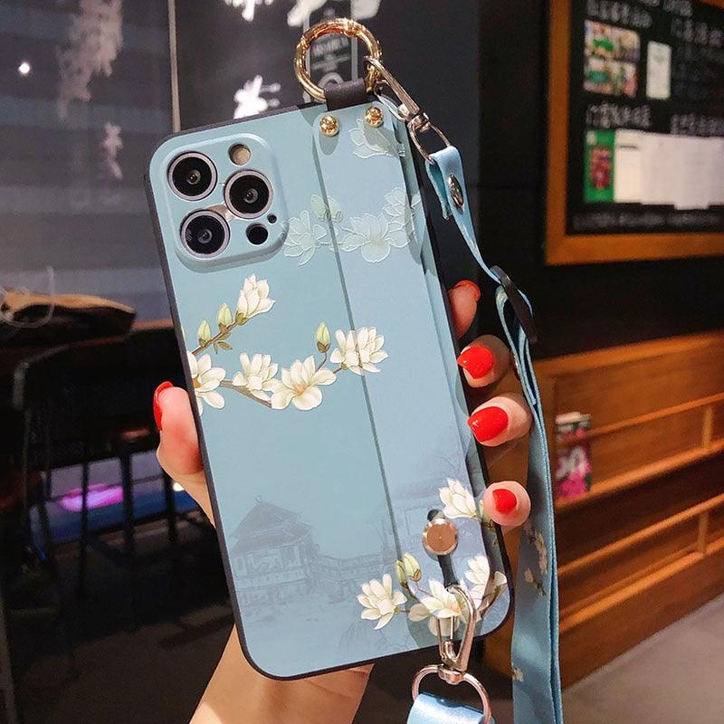 Ultra Luxury Case Cute Flower Design with Ring Kickstand Soft Crossbody Phone Cover for iPhone 13 14 Pro Max Case Fashion Crossbody Shoulder Strap Flower Leaf Phone Holder Cover for iPhone 12 11 X XR XS 7 8 Plus Stevvex