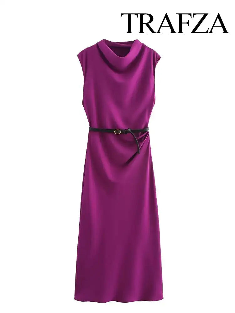 TRAFZA Women's Autumn New Fashion Versatile Belted Midi Slim Long Dress Female Elegant High Street Sleeveless Casual Dress Mujer