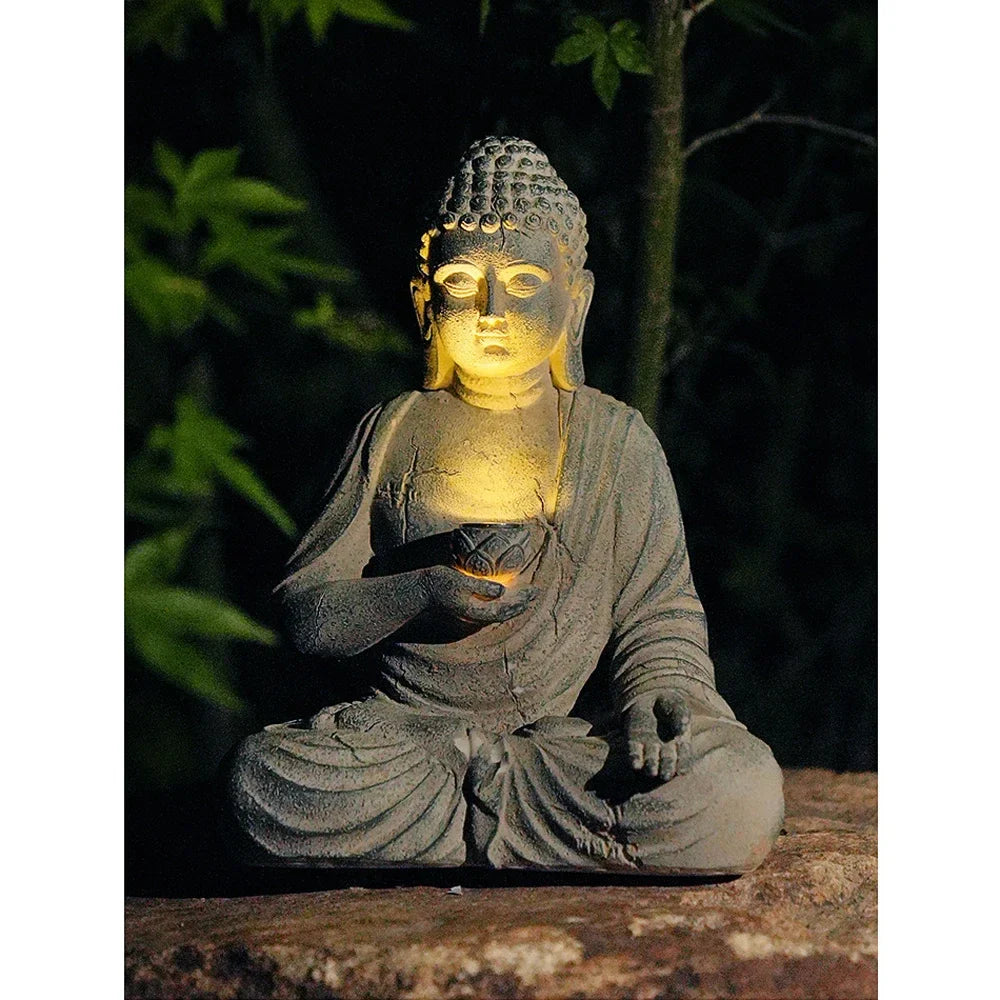 Resin Solar Buddha Statue Sculpture Garden Decor Light Zen Asian Japanese Garden Decoration Outdoor Front Porch Patio Yard Home Lootquake LLC