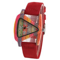 Unique Triangle Women's Wood Watch Creative Colorful Lady Green/ Red Genuine Leather Wristwatch Elegant Womens Watches Top Gifts
