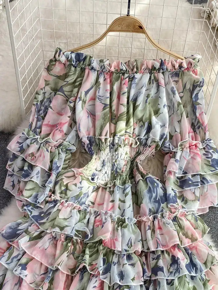 Summer New Off Shoulder  Wrap Waist to Show Thin A-line Fragmented Cake Dress Women's Beach Vacation Chiffon Long Dress GD820