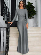 Dulzura Long Sleeves Shoulder Pad Ruched Maxi Dress Solid Elegant Prom Evening Party Long Dress Women’S Autumn Winter Outfit
