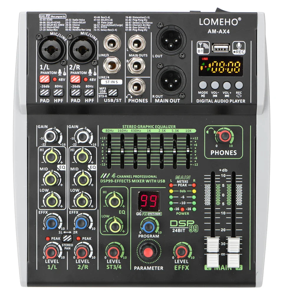 99 DSP Effects Mixing Console Podcast Mini 4/6 Channels Sound Audio Mixer Individual 48V Bluetooth USB PC Play Record AM-AX4/6 Lootquake LLC