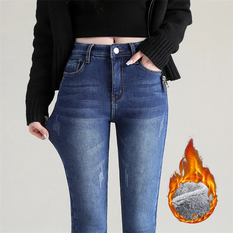 Women Thermal Jeans Winter Snow Warm Plush Stretch Jeans Lady Skinny Thicken Fleece Denim Long Pants Retro Blue Pencil Trousers Lootquake LLC
