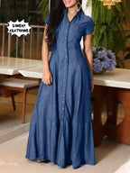 2023 Fashion New Long Dress Shirt Neck Pocket Large Swing Dress Casual Elegant Temperament Single Breasted Denim Dress