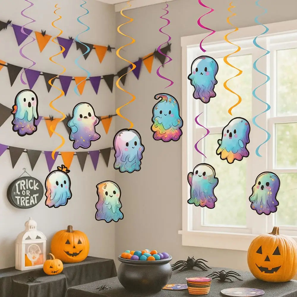 Ghost Wall Decor Colorful Halloween Ghost Banner Paper DIY Ghost Spiral Pendant Cute Ghost Ceiling Decoration Living Room