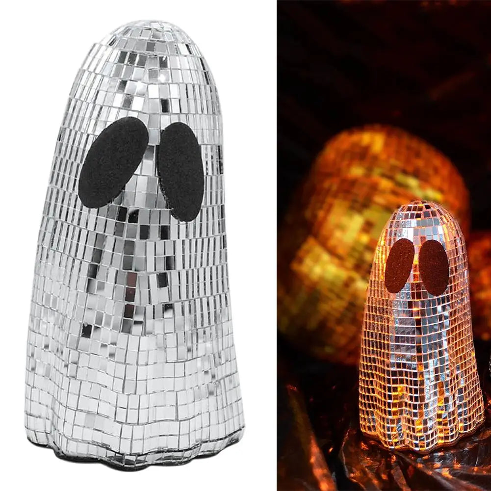 Halloween Disco Ghost Ornament Silver Mosaic Mirror Disco Ghost Tabletop Decor Glitter Spooky Ghost Halloween Tiered Tray Decor