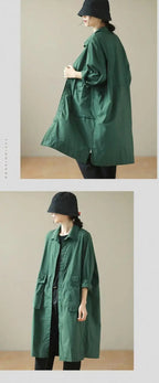 9290 Spring Fall Trench Coat Women Mid Length Windbreaker Single-breasted Double Pockets Casual Loose Overcoat Female Outerwear