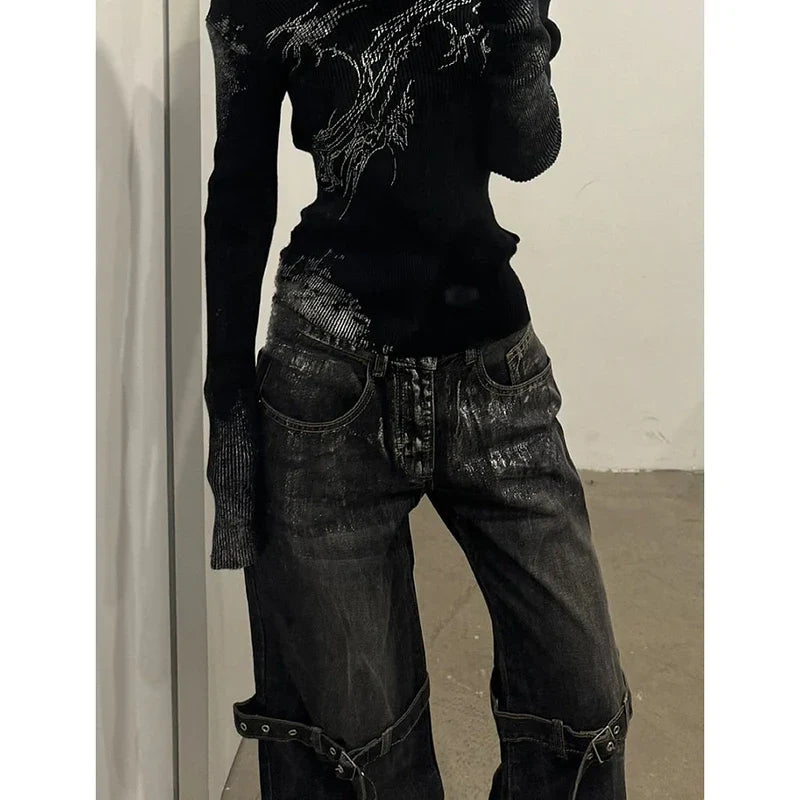 Black Women's Jeans High Waist Hip Hop Straight Fashion Pants Streetwear Harajuku Y2K Star 2024 Female Wide Leg Denim Trouser Lootquake LLC