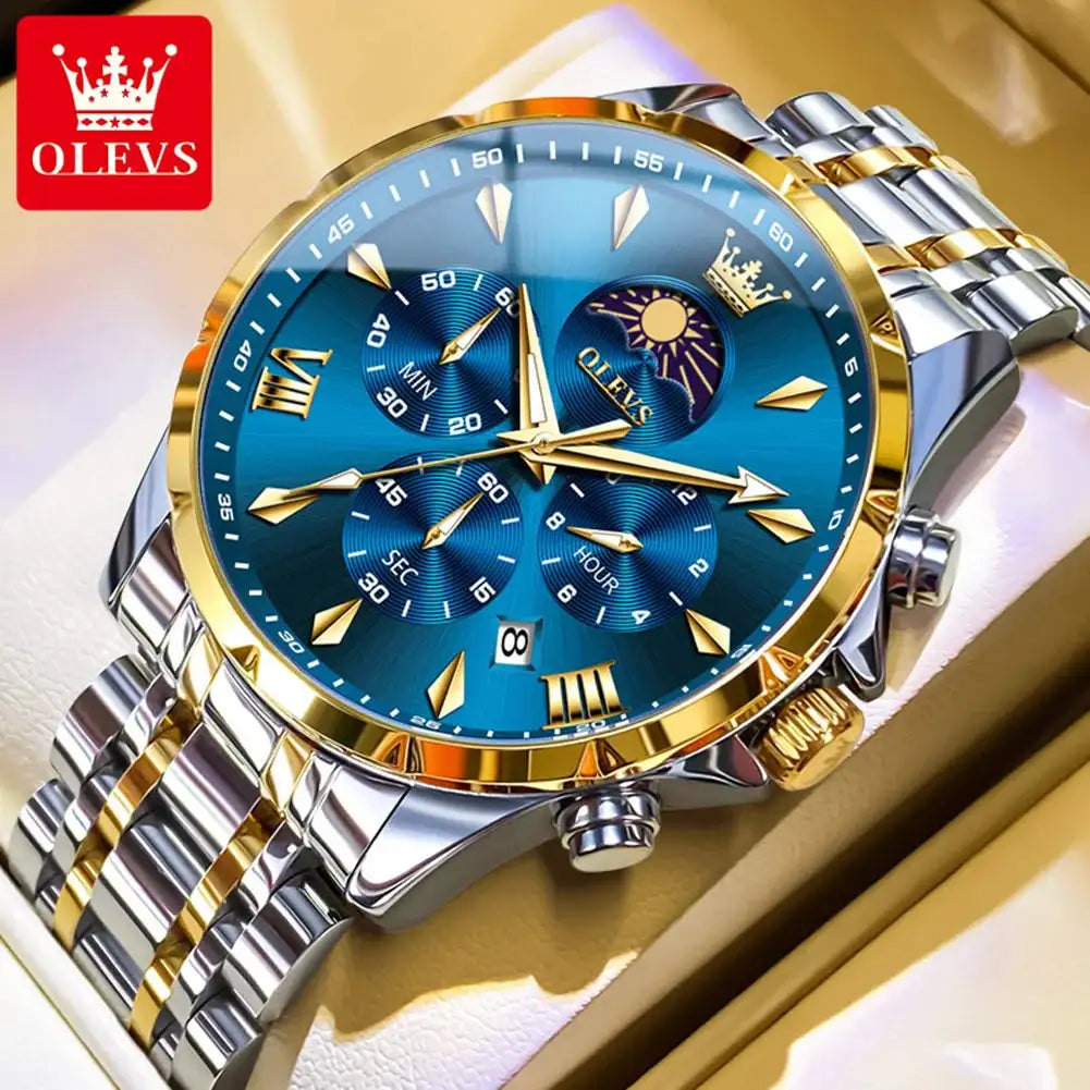 OLEVS 3653 Men Watch Luxury Brand Quartz Watch Multi functional Automatic Date Timer Watch Waterproof Luminous Moonphase Watch