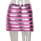 Pink Women's Puffer Skirt Metallic Shiny Warm Quilted Mini A-line