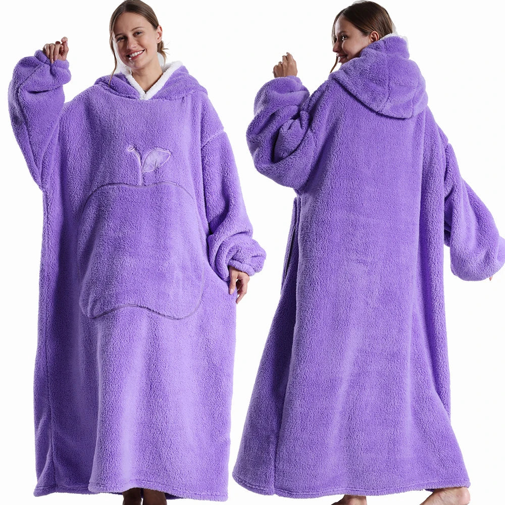 Extra Long Wearable Blankets Winter Flannel Hooded Blanket with Full Sleeves Men Women Cozy Soft Throw Adult TV Blanket Lootquake LLC