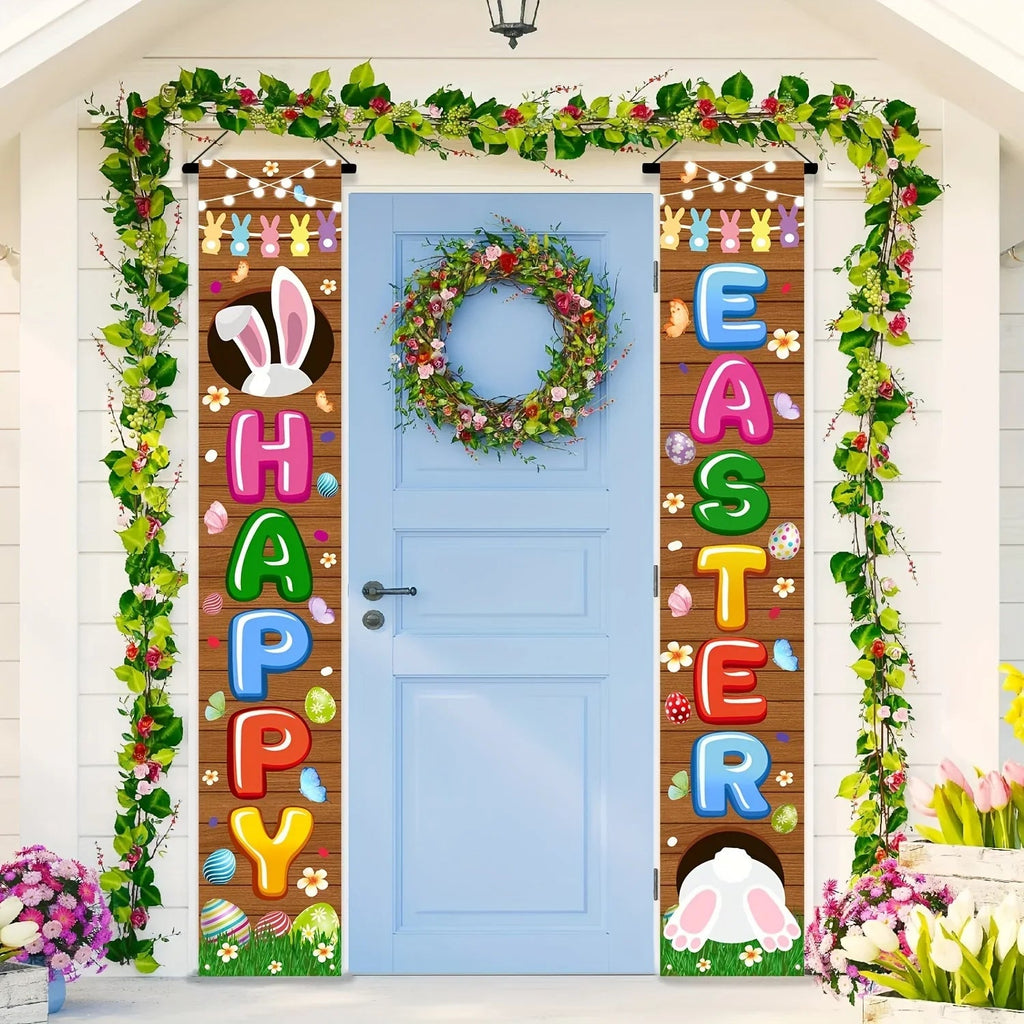 Happy Easter 2PC  Bunny Door Banners Polyester Easter Egg Decorative Flags for Outdoor Indoor Holiday Easter Decoration 2025 Lootquake LLC