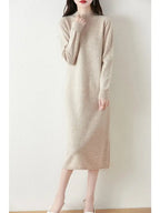 Autumn Winter Women's Wool Long Dress Cashmere Mock Neck Pullover Sweater 100% Merino Wool Soft Knitwear OL Simple Basic Dress Lootquake LLC