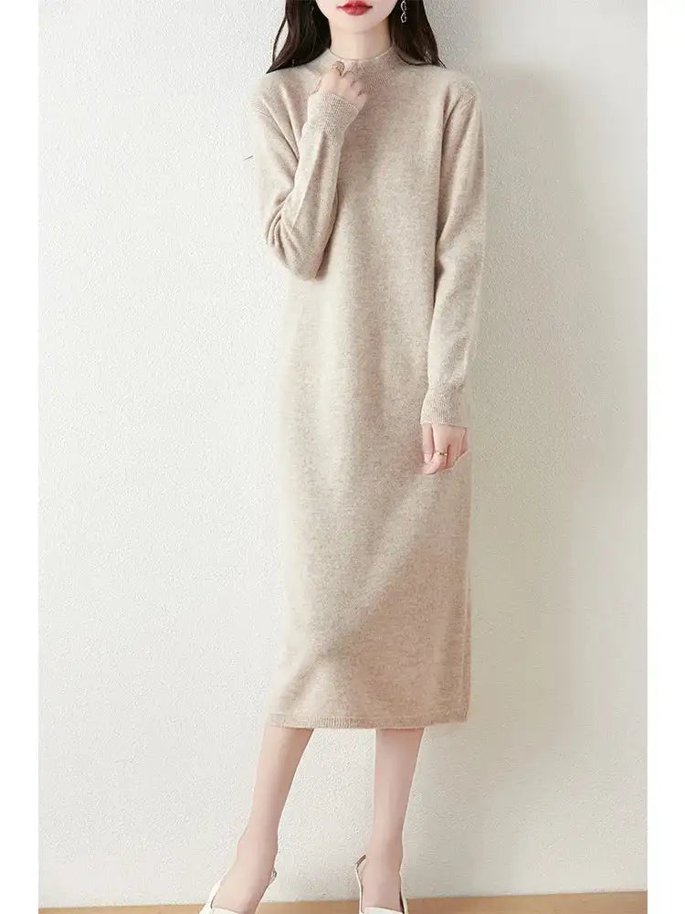Autumn Winter Women's Wool Long Dress Cashmere Mock Neck Pullover Sweater 100% Merino Wool Soft Knitwear OL Simple Basic Dress Lootquake LLC