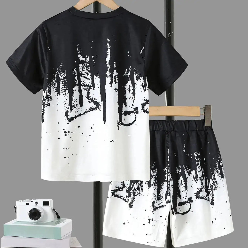 Boys' Summer Set: Cool Black & White Round-neck T-shirt with Slanted Pocket, Paired with Matching Shorts for Casual Play.