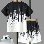 Boys' Summer Set: Cool Black & White Round-neck T-shirt with Slanted Pocket, Paired with Matching Shorts for Casual Play.